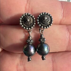 VTG Etruscan Cannetille Sterling Silver Iridescent Glass Drop Dangle Earrings
